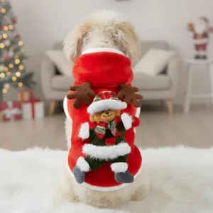 dog reindeer costume, dog red coat, dog christmas costume, dog reindeer outfit, dog cloak with raindeer antlers,
